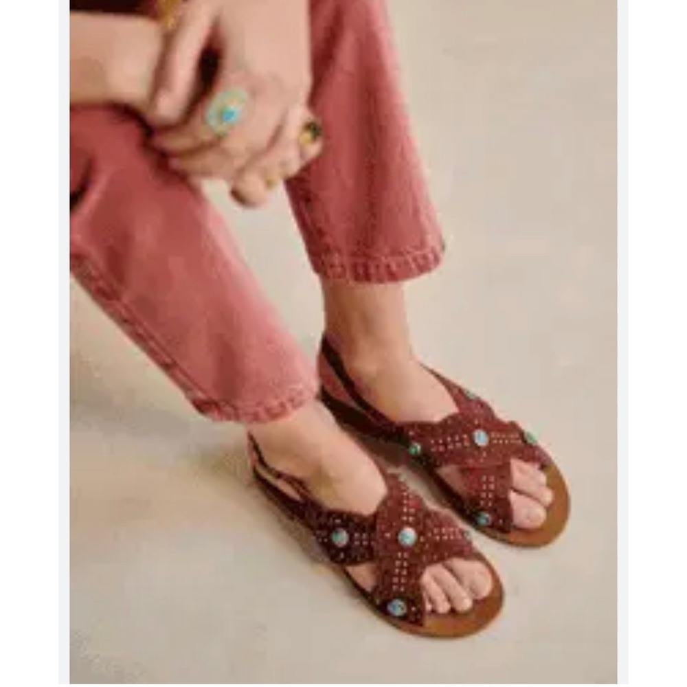 Sezane Turquoise Studded‎ Suede Strappy Sandals Womens 42/11 Brown Boho